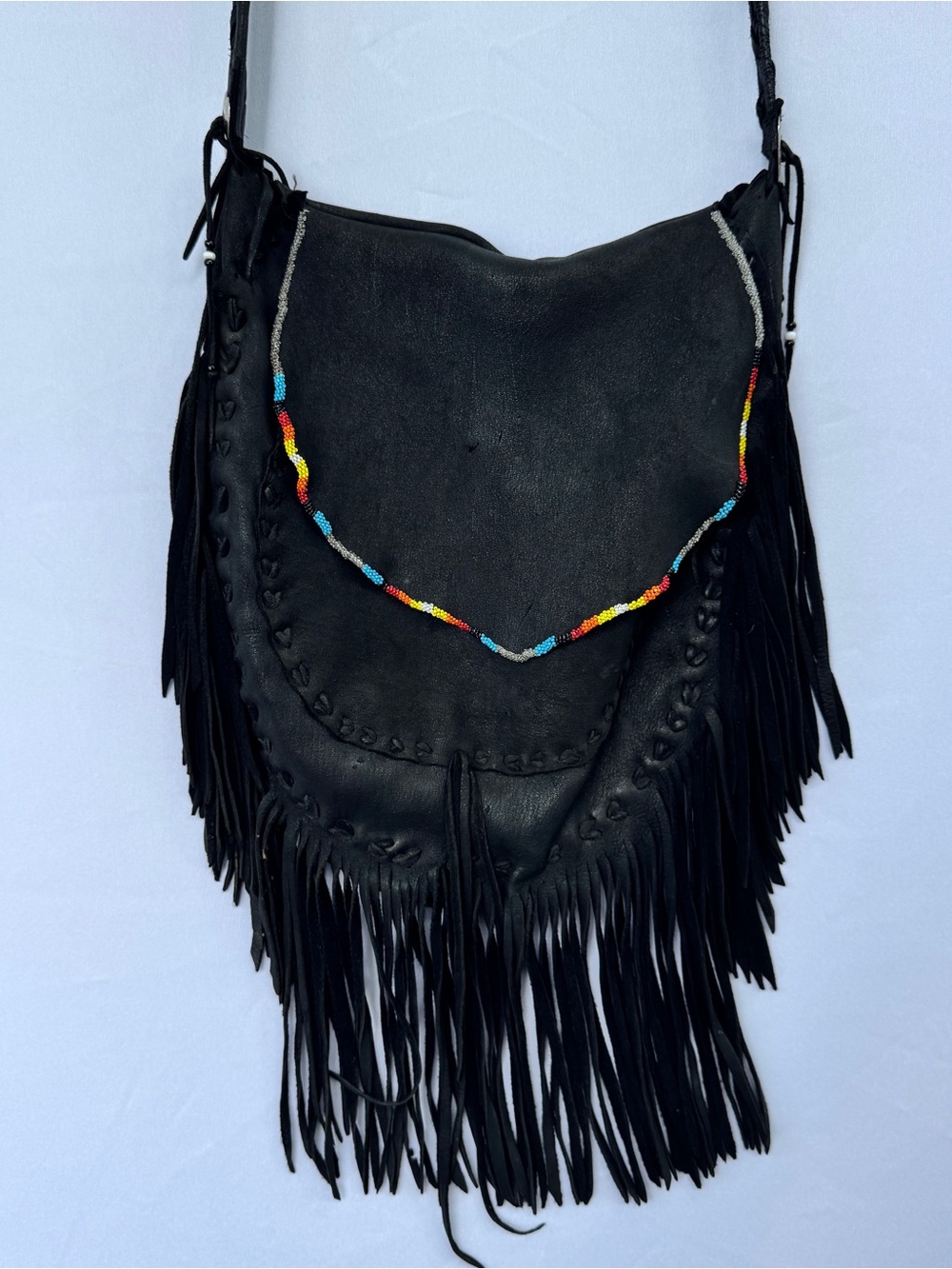 Vintage Black Suede Leather Fringe Crossbody Beaded Purse